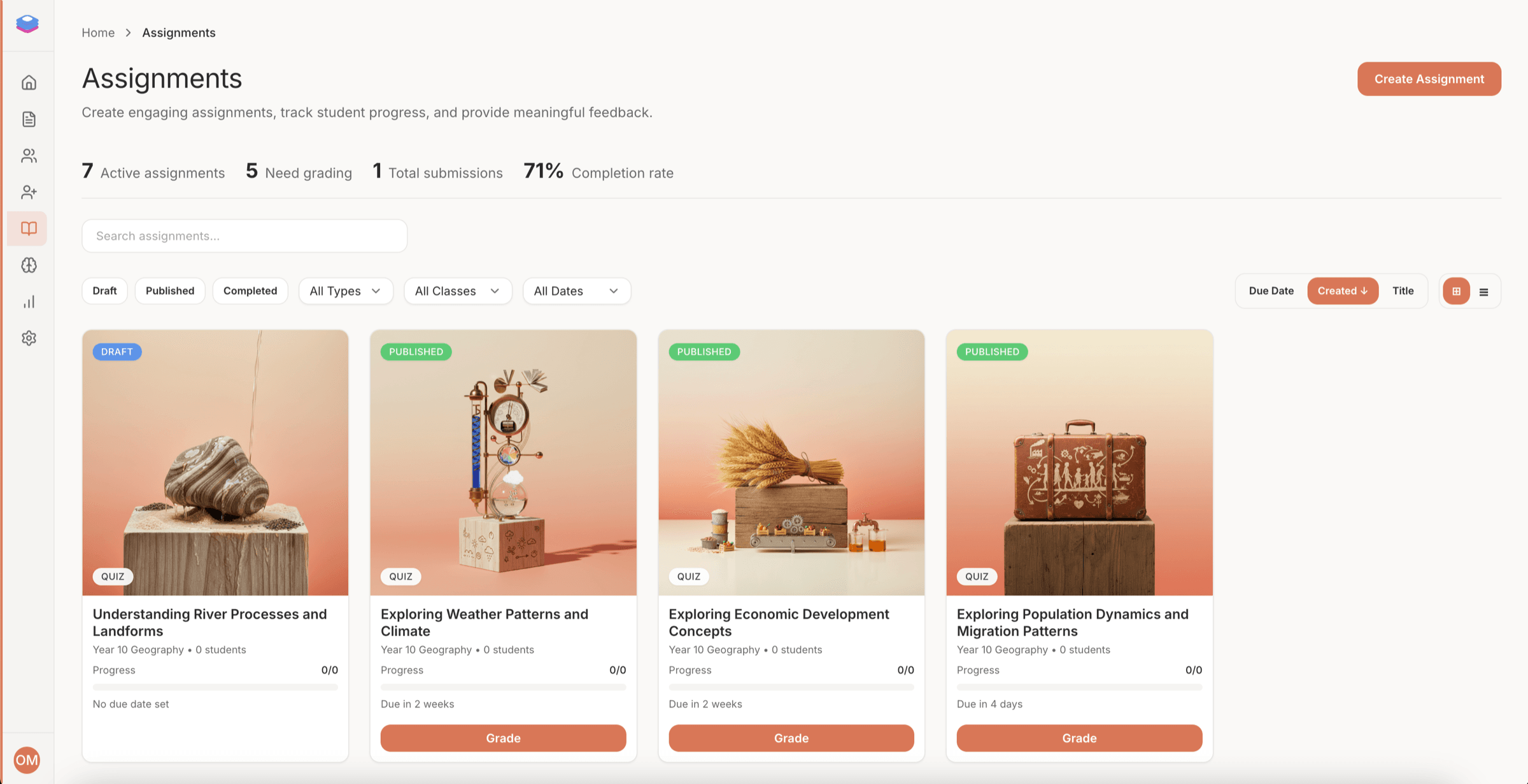 Dolly AI Teaching Assistant dashboard showing assignment creation, grading, and student progress tracking